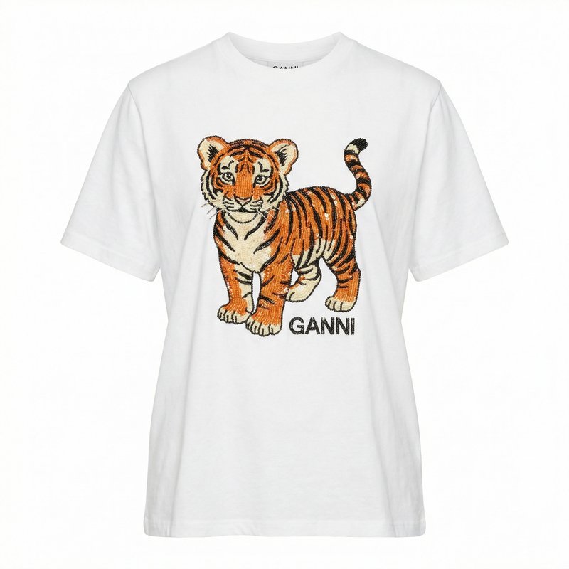 Beaded Baby Tiger Print T-Shirt – Ganni – Cotton – White