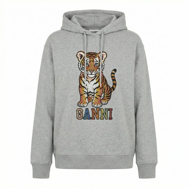 Isoli Beaded Baby Tiger Print Hoodie – Ganni – Cotton – Grey