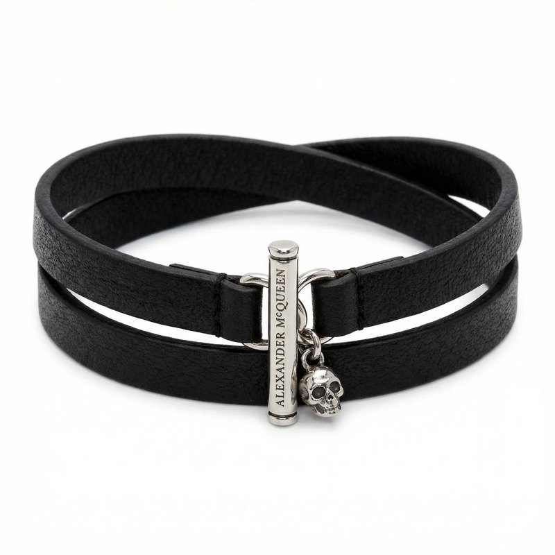 T-Bar Double Wrap Bracelet – Alexander McQueen – Leather – Black